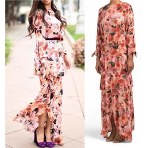 JAASE Floral Tiered Ruffle Maxi Dress Size S Orange Pink Long Sleeve Rayon Boho